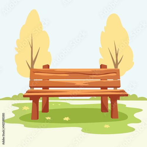 Classic wooden park bench in serene autumn scene, timeless comfort