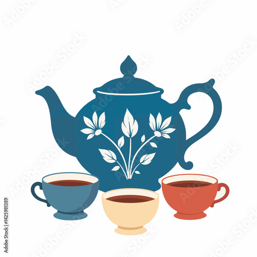 Elegant teapot with colorful cups symbolizing life's stages, wisdom