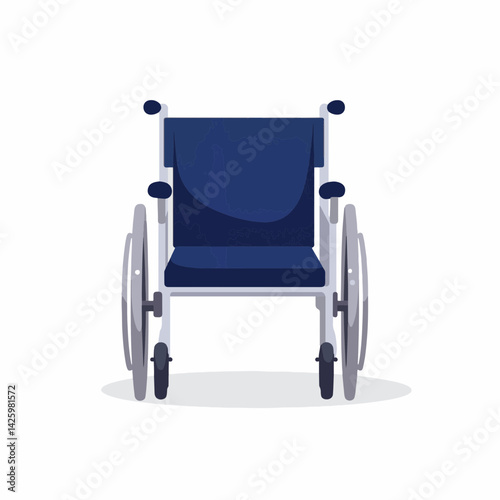 Sturdy navy wheelchair on minimal white background, accessibility symbol
