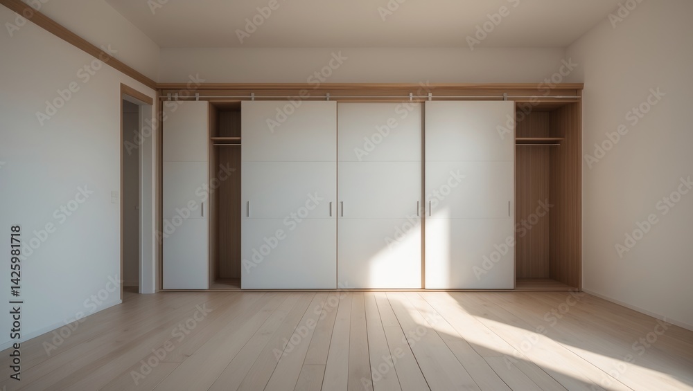 Empty room featuring built-in sliding wardrobe doors along one wall and wooden carpentry with an access door to other rooms