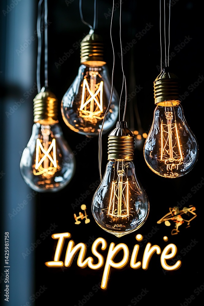 A group of four light bulbs hanging from the ceiling with the word 
