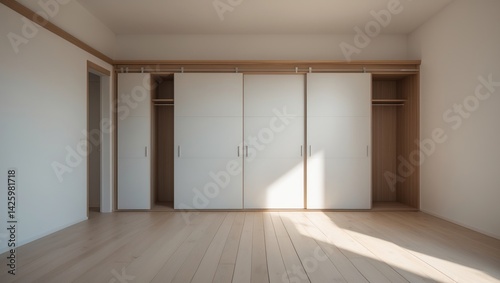 Obraz na płótnie Empty room featuring built-in sliding wardrobe doors along one wall and wooden carpentry with an access door to other rooms w salonie