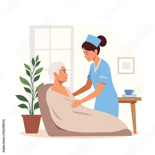 Elderly nurse providing care to calm patient in light-filled room, compassion