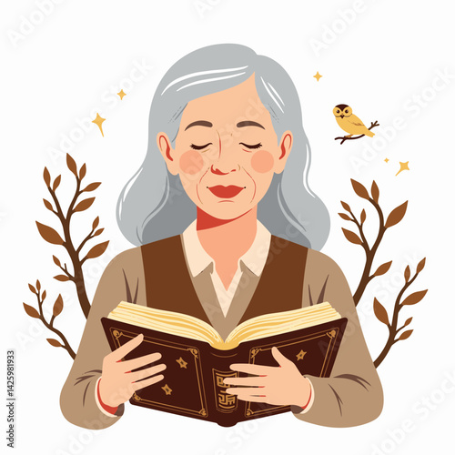 Elderly woman reading sacred book surrounded by nature, wisdom and tradition