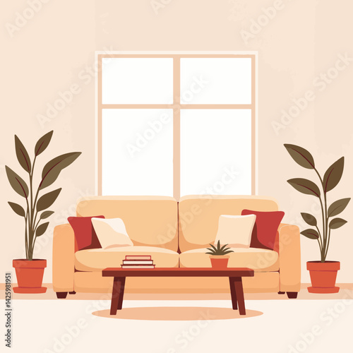 Cozy living room scene with plush sofa and plants, inviting comfort