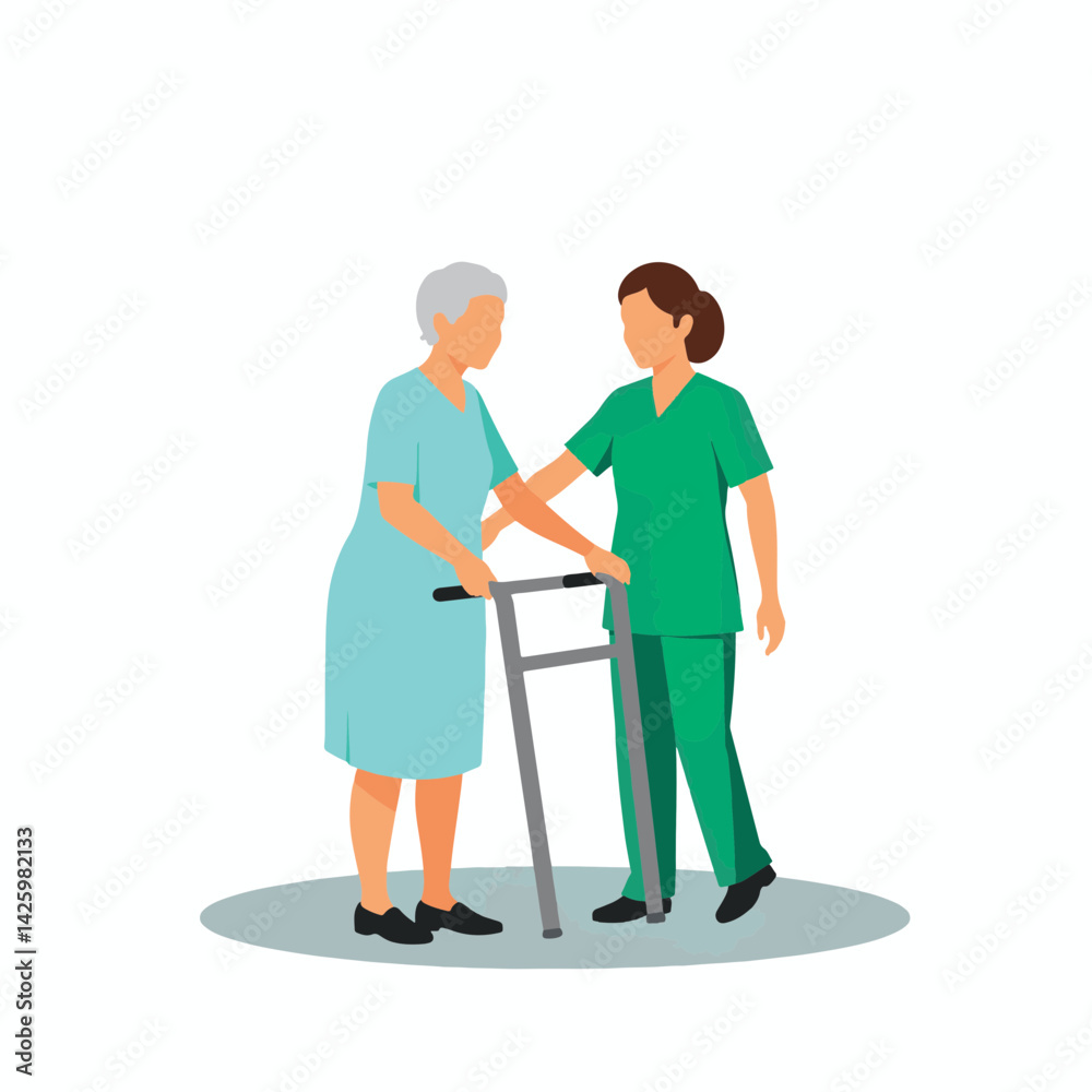 Elderly woman using walker supported by nurse, healthcare compassion Elderly woman using walker supported by nurse, healthcare compassion