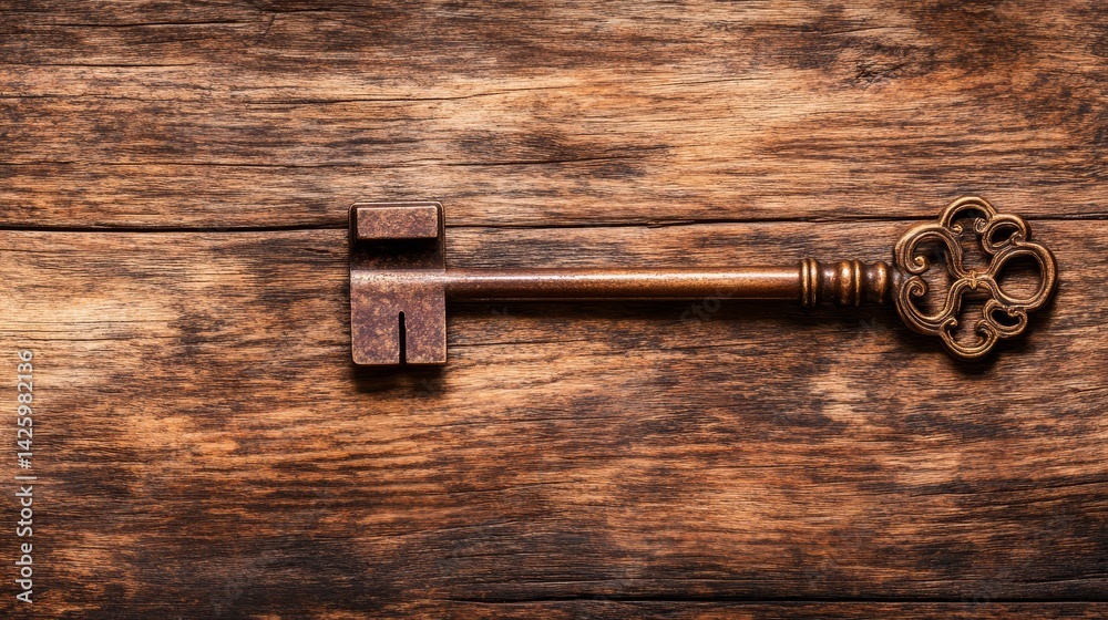 Antique key on rustic wooden surface, a closeup of history and security Antique key on rustic wooden surface, a closeup of history and security