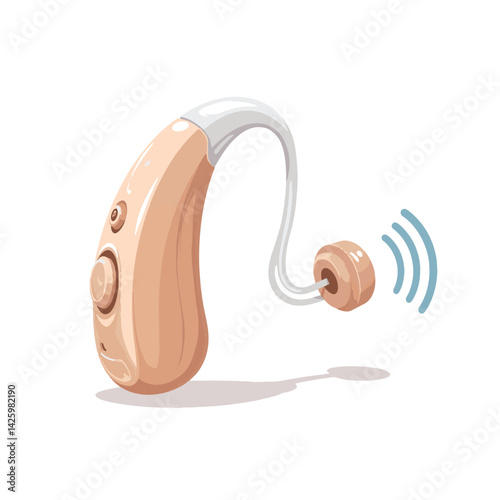 Modern hearing aid with sound waves illustrating functionality, assistive technology