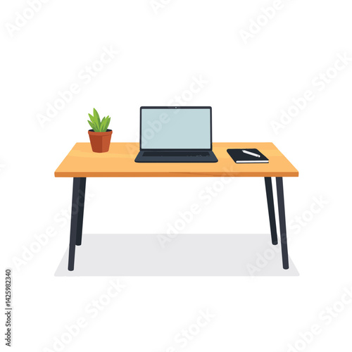 Minimalist workspace with laptop and plant on wooden desk, productivity