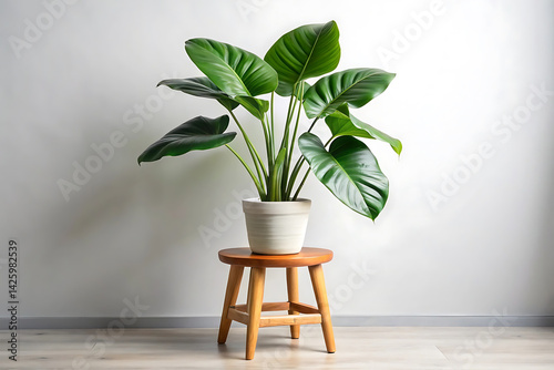 Elegant Indoor Plant with big leaves on Wooden Stool on white background  photo