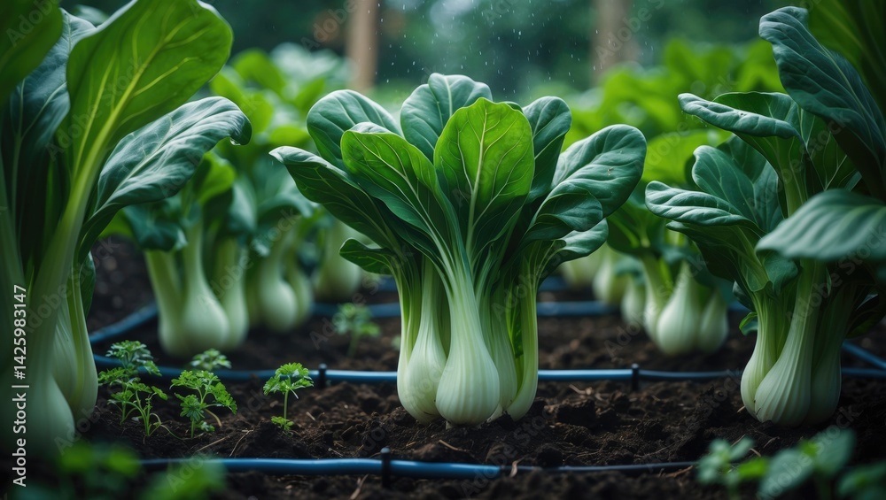 Obraz premium Bok choy cultivation in a sustainable garden with smart irrigation technology