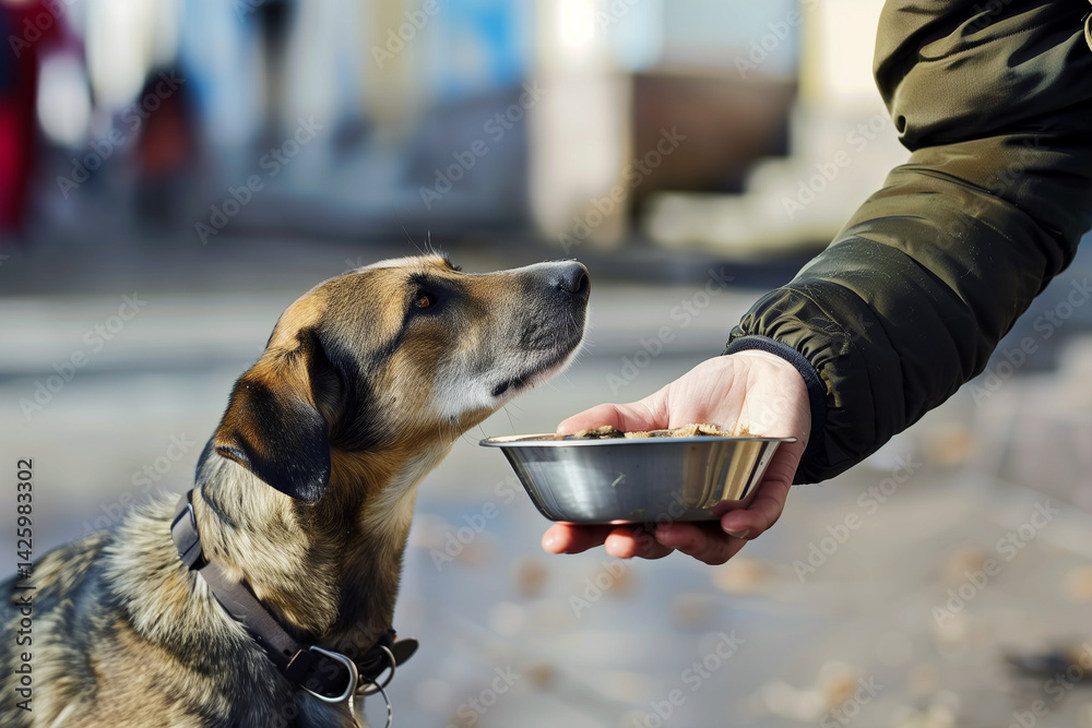 Person feeding homeless dog on the street. Generative AI