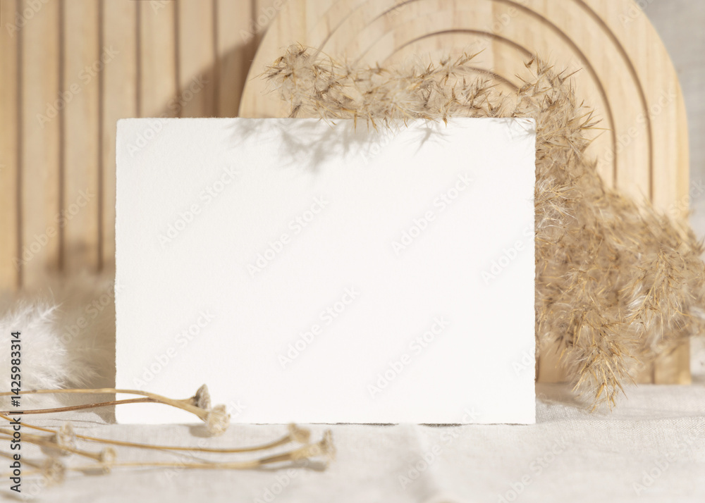 Blank card near dry pampas grass and beige wooden decor on linen closeup, minimal mockup