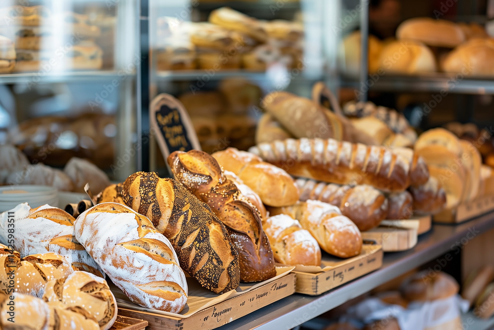 Fresh bread on counter in bakery store. Generative AI