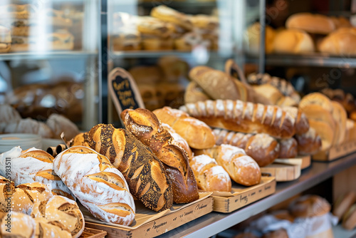 Obraz na płótnie Fresh bread on counter in bakery store. Generative AI w salonie