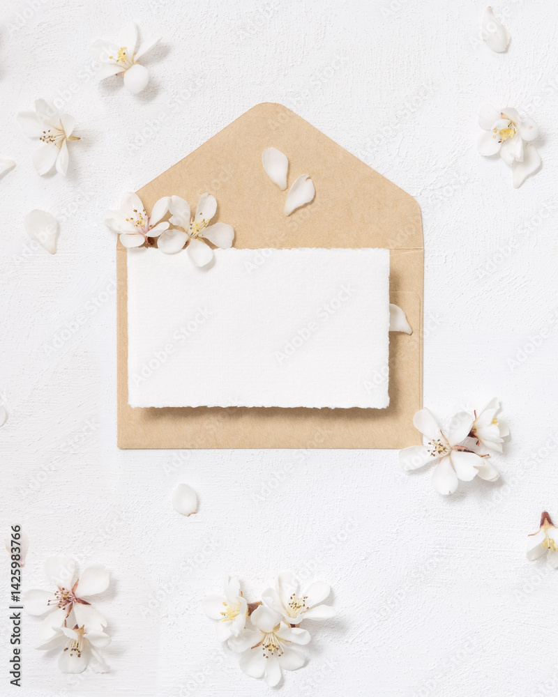 Blank paper card over envelope near white cherry flowers top view, spring wedding mockup