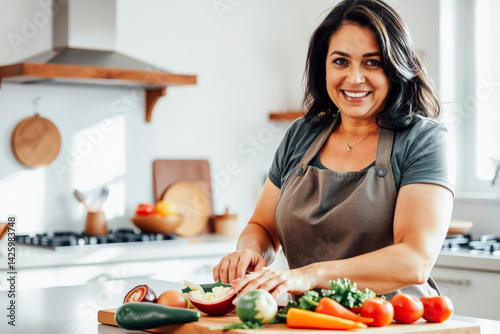 Woman Chef Preparing Fresh Vegetables in Kitchen photo