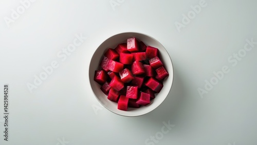 Fresh beetroot pieces in a bowl on white background, top view
