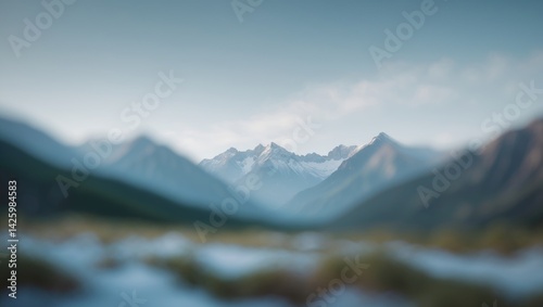 Panoramic Landscape of Mountain Range with Greenery and Sky in Blur Background
