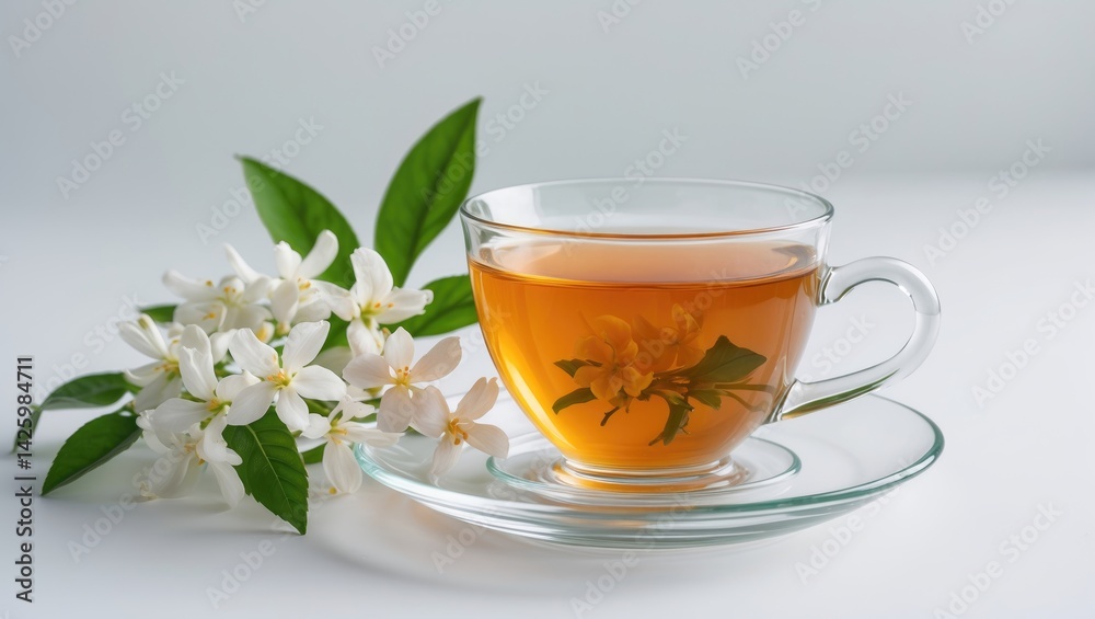 Fragrant jasmine tea in a cup with isolated flowers on a white background Fragrant jasmine tea in a cup with isolated flowers on a white background