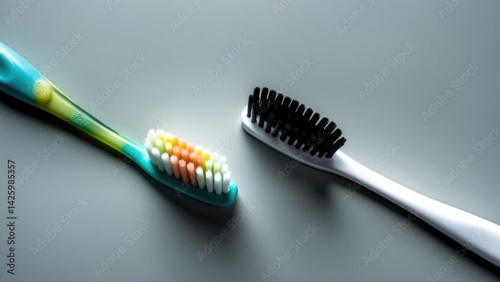 Old and new toothbrushes on a gray background, close-up, flat lay. Old and new toothbrushes on a gray background, close-up, flat lay.
