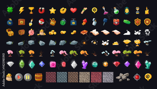 Collection cartoon element for a fantasy game. Game resources and buttons, magic assets for game. Set of various items for game GUI.