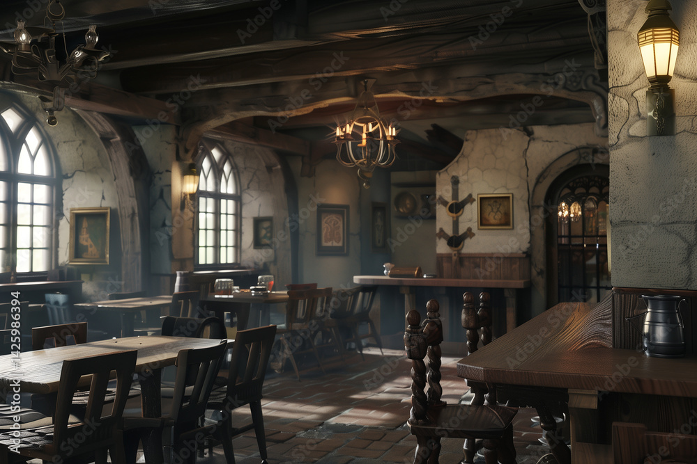 Interior of medieval wooden pub. Generative AI