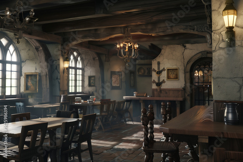 Obraz na płótnie Interior of medieval wooden pub. Generative AI w salonie