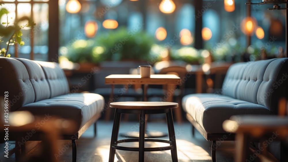 Blurry background of cafe with coffee and people