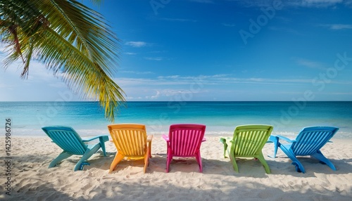 Summer beach vacation, colorful chairs on the beach, palm tree