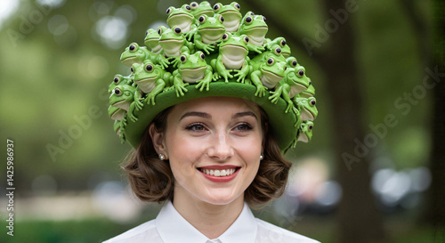 Woman wearing playful frog hat smiling in a green garden  