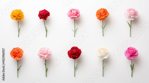 Colorful flowers arranged in neat row, showcasing variety of blooms in shades of yellow, red, pink, orange, and white. vibrant colors create cheerful and lively atmosphere