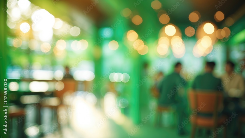 Abstract blurred restaurant or cafe scene with green bokeh background
