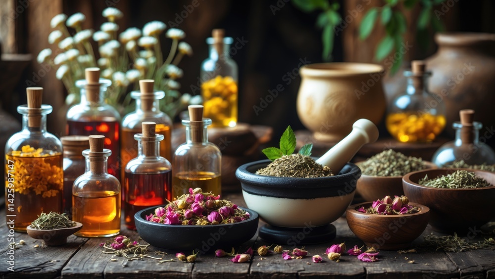 Medicinal herbal tinctures and infusions in bottles on a wooden table, with mortar and bowls of herbs for healing. Medicinal herbal tinctures and infusions in bottles on a wooden table, with mortar and bowls of herbs for healing.