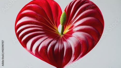 Anthurium flower with heart-shaped design on white background, tropical plant with red and yellow petals