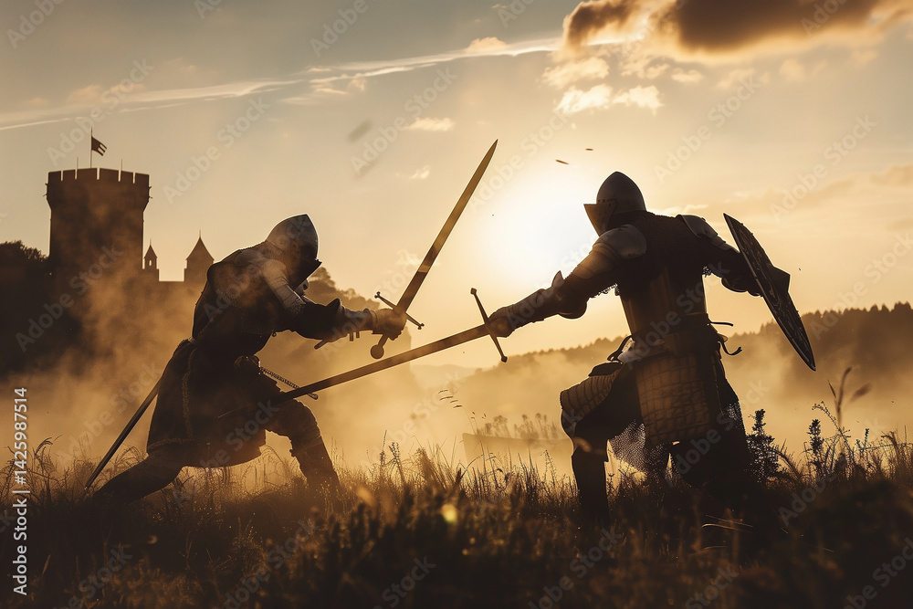 Two medieval knights fighting against castle. Generative AI