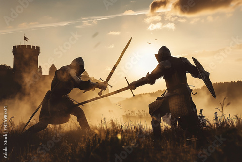 Obraz na płótnie Two medieval knights fighting against castle. Generative AI w salonie