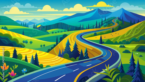 Winding Mountain Road Through Scenic Valley – Nature Landscape with Rocky Peaks and Forest Views