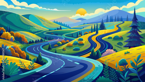 Winding Mountain Road Through Scenic Valley – Nature Landscape with Rocky Peaks and Forest Views