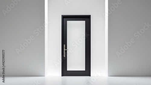 Contemporary black aluminium glass doorway isolated with background, shopfront entry open window frame for retail interior design