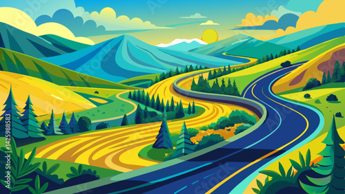 Winding Mountain Road Through Scenic Valley – Nature Landscape with Rocky Peaks and Forest Views