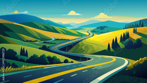 Winding Mountain Road Through Scenic Valley – Nature Landscape with Rocky Peaks and Forest Views