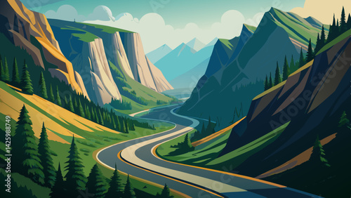 Winding Mountain Road Through Scenic Valley – Nature Landscape with Rocky Peaks and Forest Views