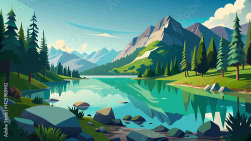 Tranquil Mountain Lake Scene with Clear Water, Lush Trees, and Majestic Peaks