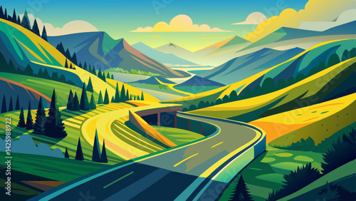 Winding Mountain Road Through Scenic Valley – Nature Landscape with Rocky Peaks and Forest Views