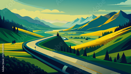 Winding Mountain Road Through Scenic Valley – Nature Landscape with Rocky Peaks and Forest Views