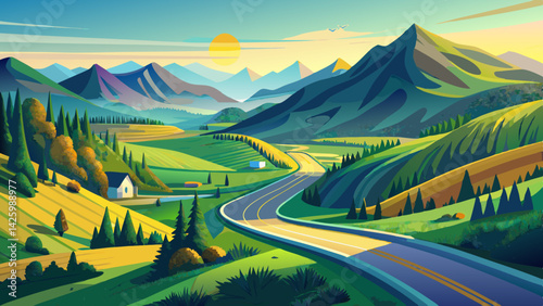 Winding Mountain Road Through Scenic Valley – Nature Landscape with Rocky Peaks and Forest Views