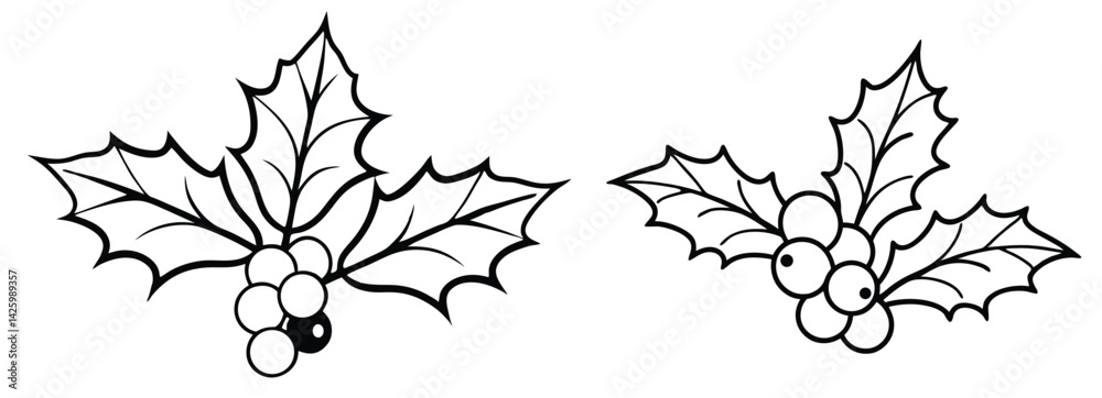 Naklejka premium Festive Holly Illustration: Artistic representation of holly branches with leaves and berries, perfect for seasonal design, capturing elegance of Christmas.