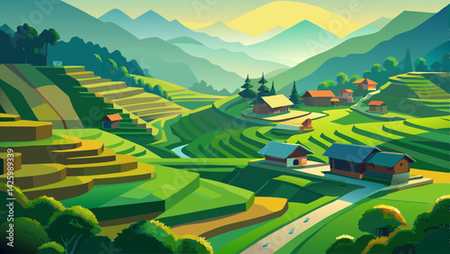 Scenic Terraced Rice Paddies at Sunrise – Tropical Landscape with Traditional House and Palm Trees