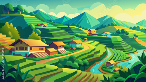 Scenic Terraced Rice Paddies at Sunrise – Tropical Landscape with Traditional House and Palm Trees